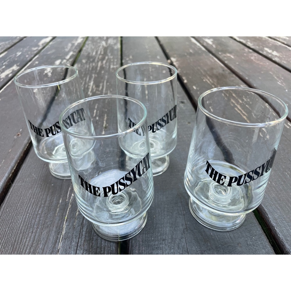 Vintage The Pussycat Footed Cocktail Glasses Set of 4 Clear Black Barware